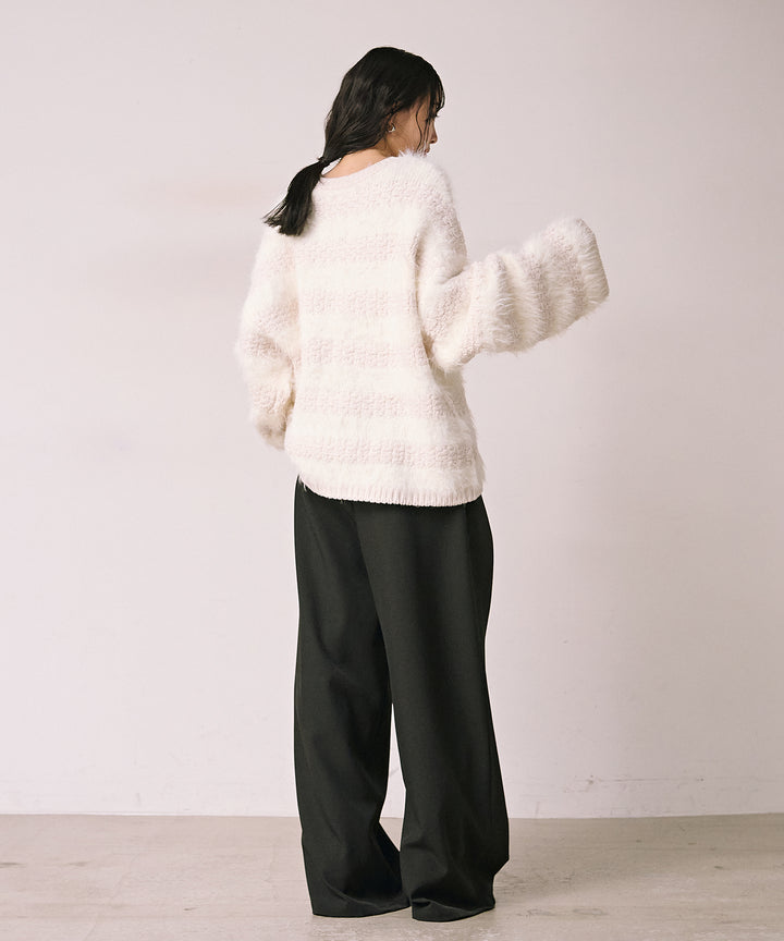 [SET]Bulky Feather Line P/O Knit+Satin Belt Highonz Tuck Slacks