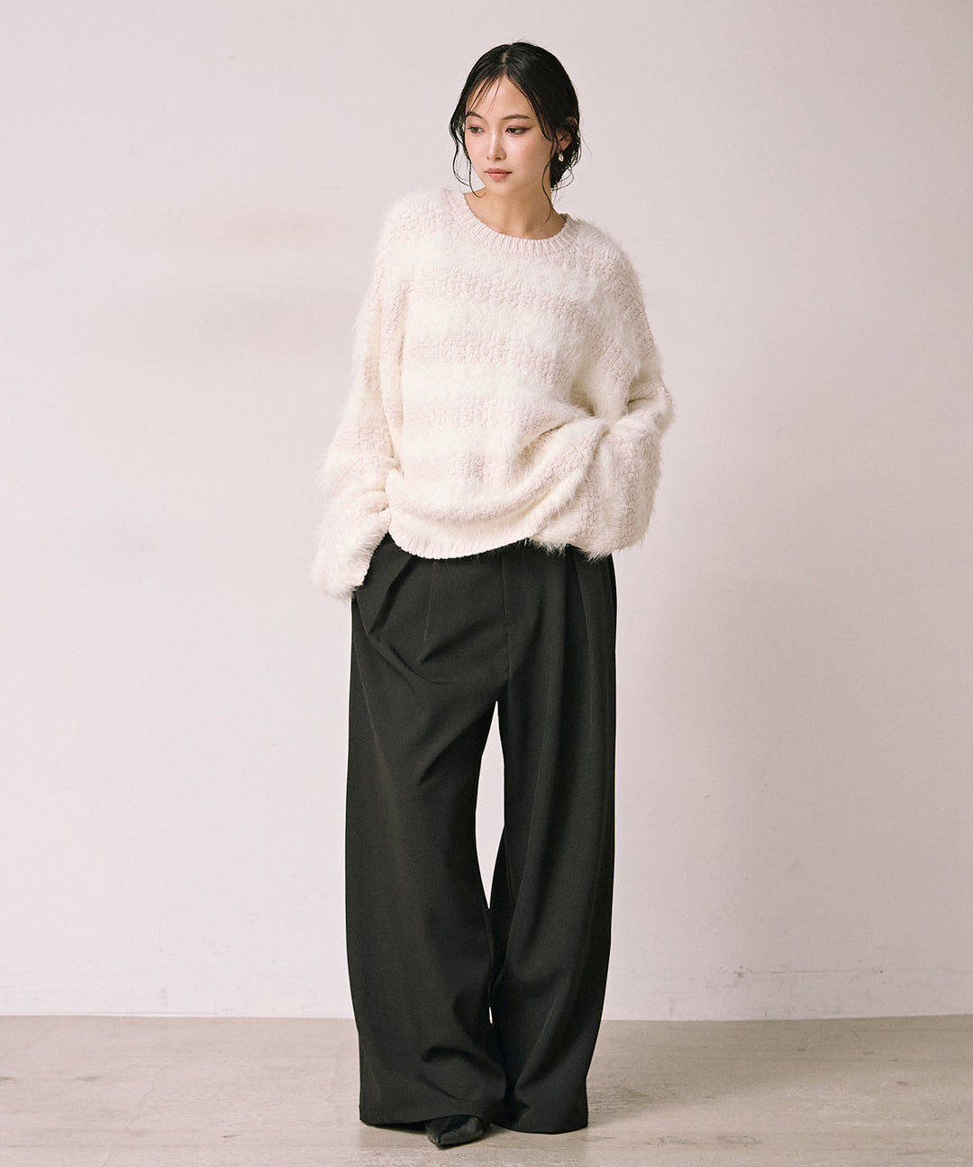 [SET]Bulky Feather Line P/O Knit+Satin Belt Highonz Tuck Slacks