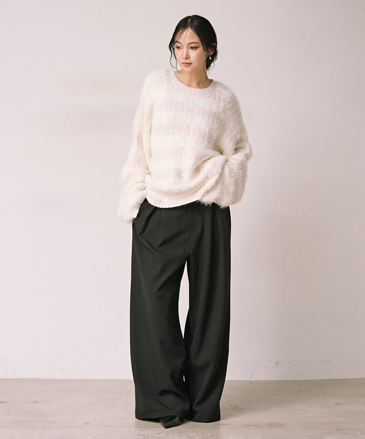 (eliuu)Satin Belt Highonz Tuck Slacks