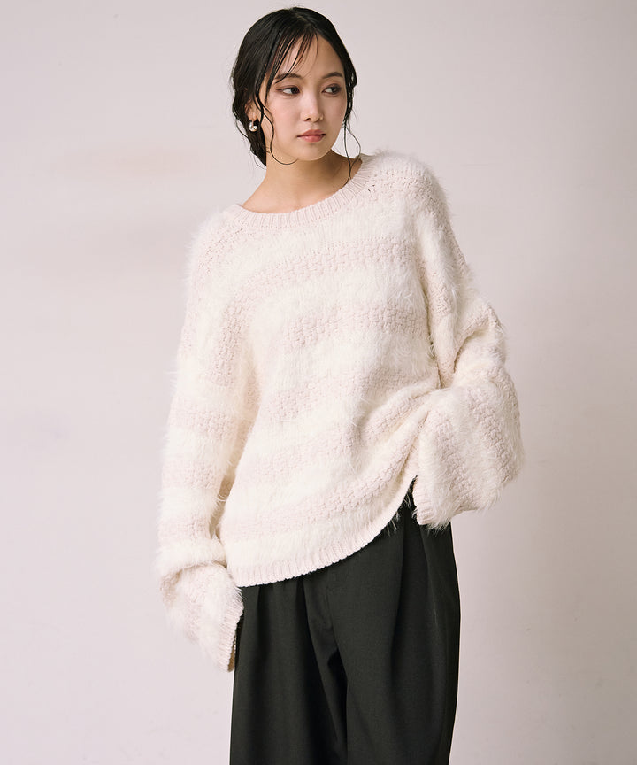 [SET]Bulky Feather Line P/O Knit+Satin Belt Highonz Tuck Slacks