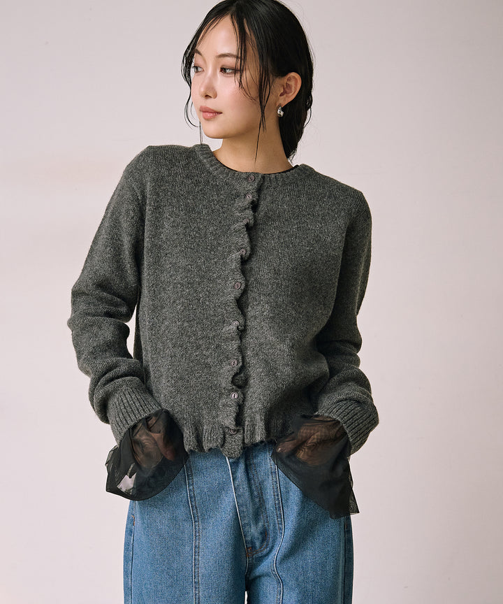 [SET]Pin Frill Melange Knit C/D+Combination Bell Top