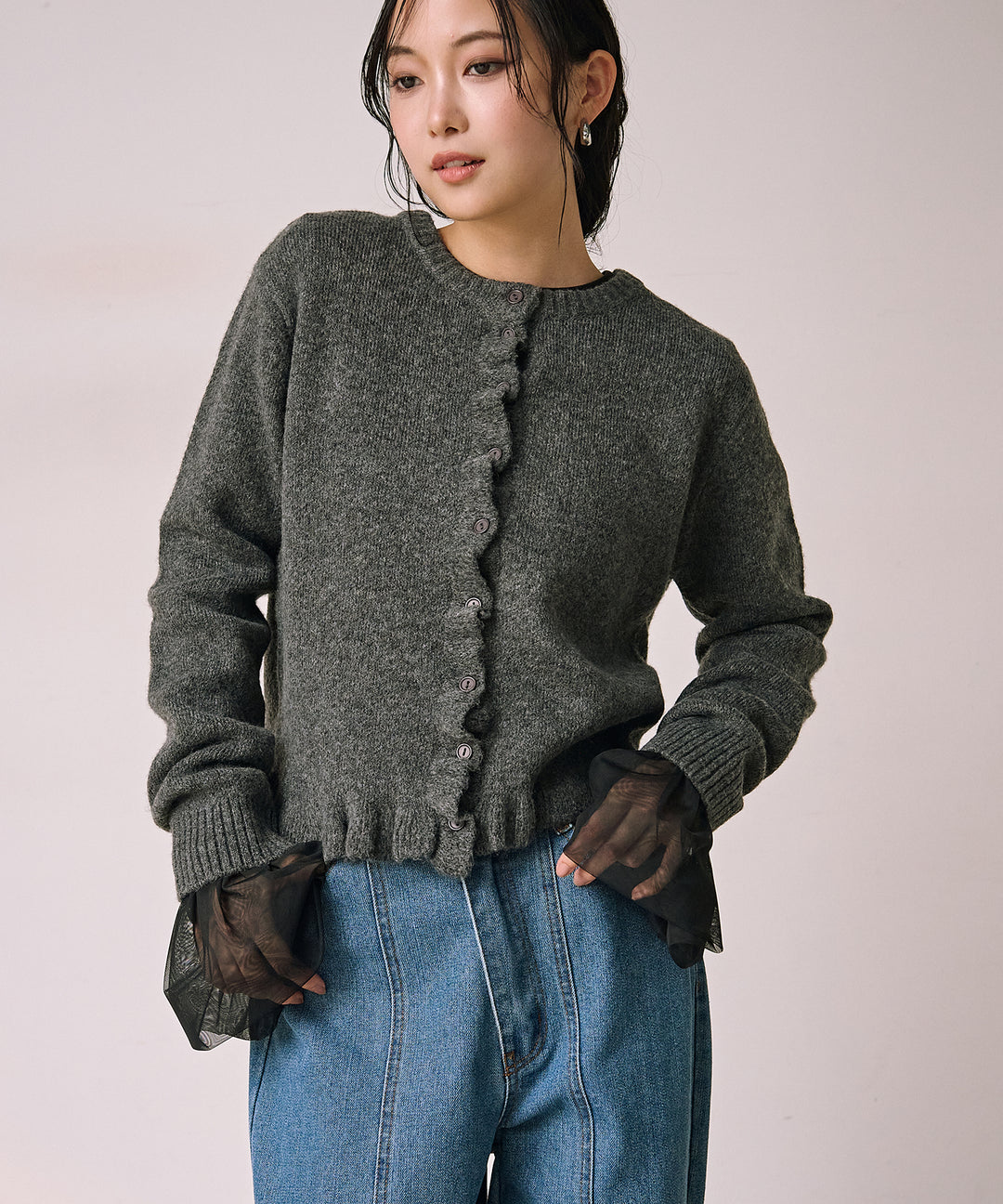 [SET]Pin Frill Melange Knit C/D+Combination Bell Top