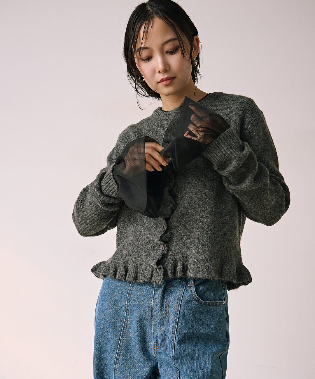 [SET]Pin Frill Melange Knit C/D+Combination Bell Top