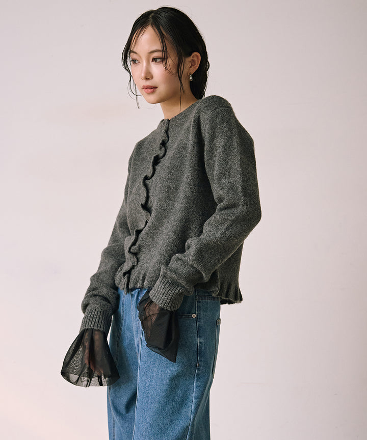 [SET]Pin Frill Melange Knit C/D+Combination Bell Top