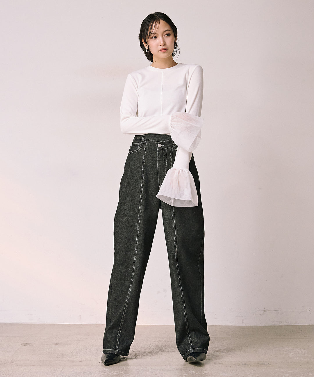 [SET]Combination Bell Top+Slide Wash Denim