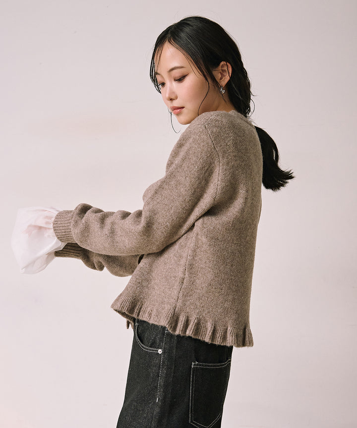 [SET]Pin Frill Melange Knit C/D+Combination Bell Top