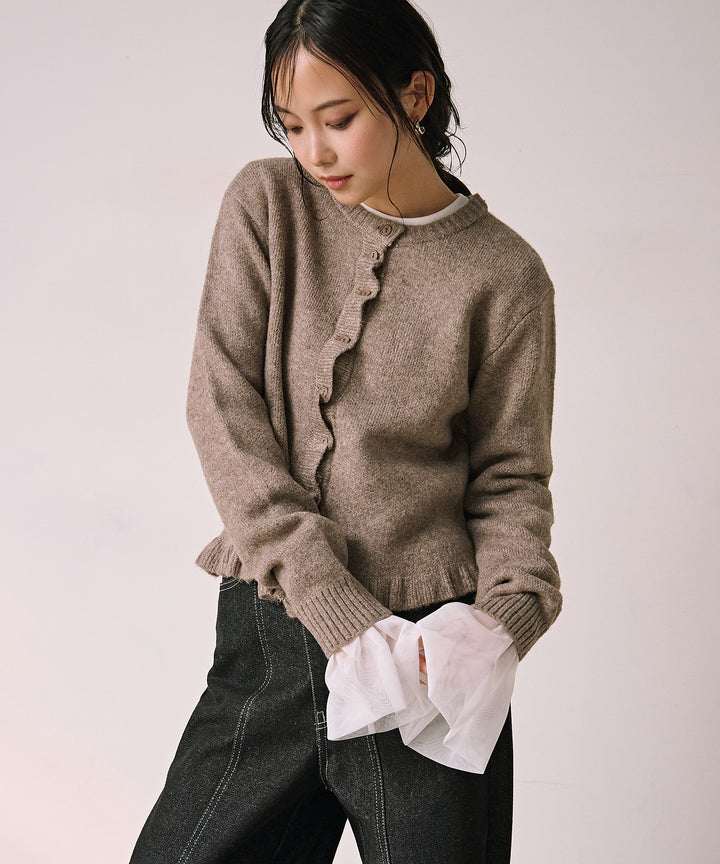 [SET]Pin Frill Melange Knit C/D+Combination Bell Top