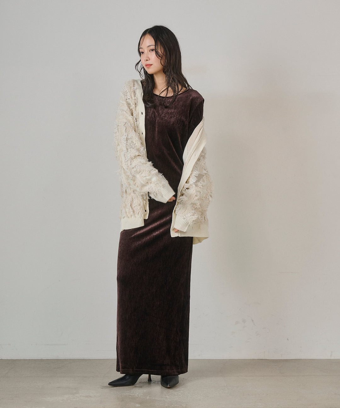 [SET]Velor Round Onepiece+Pattern Fringe Knit CD