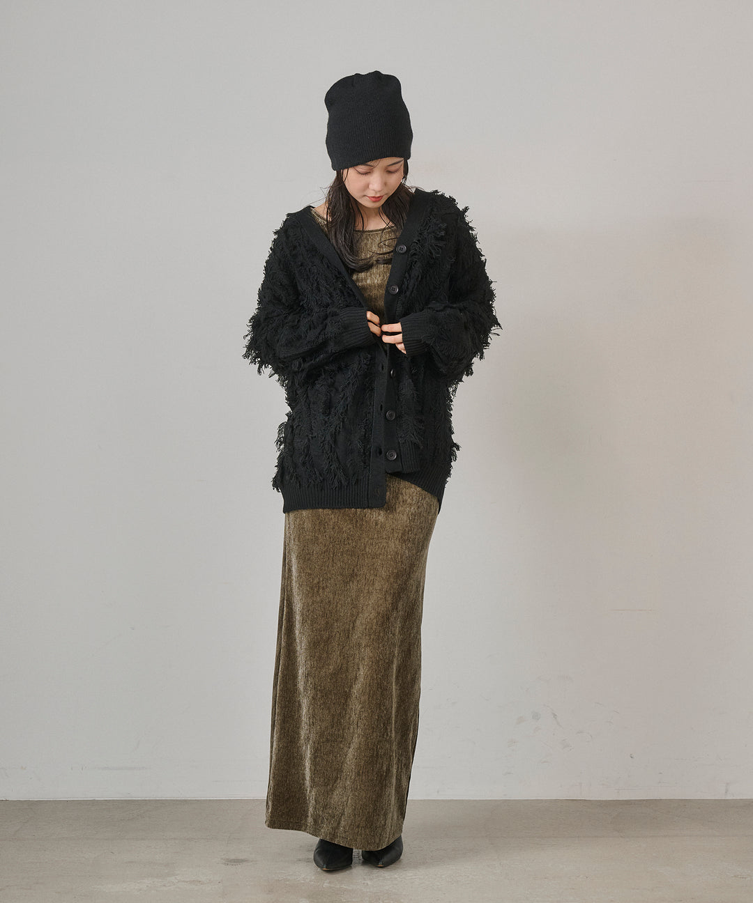 [SET]Velor Round Onepiece+Pattern Fringe Knit CD