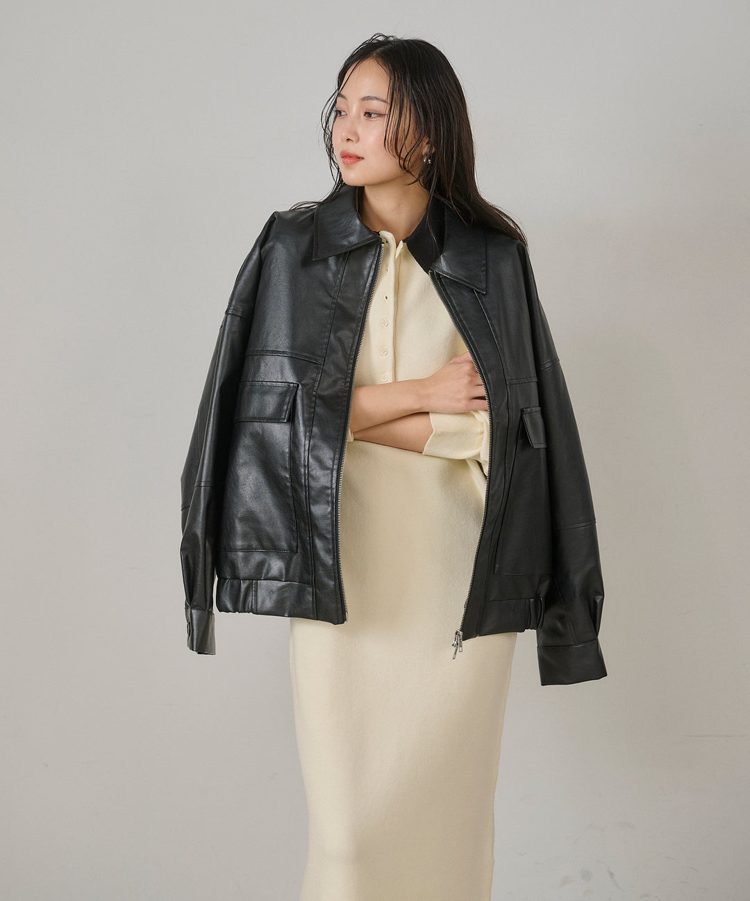 [SET]Fake Leather Wide BZ+Polo Knit Accent Onepiece