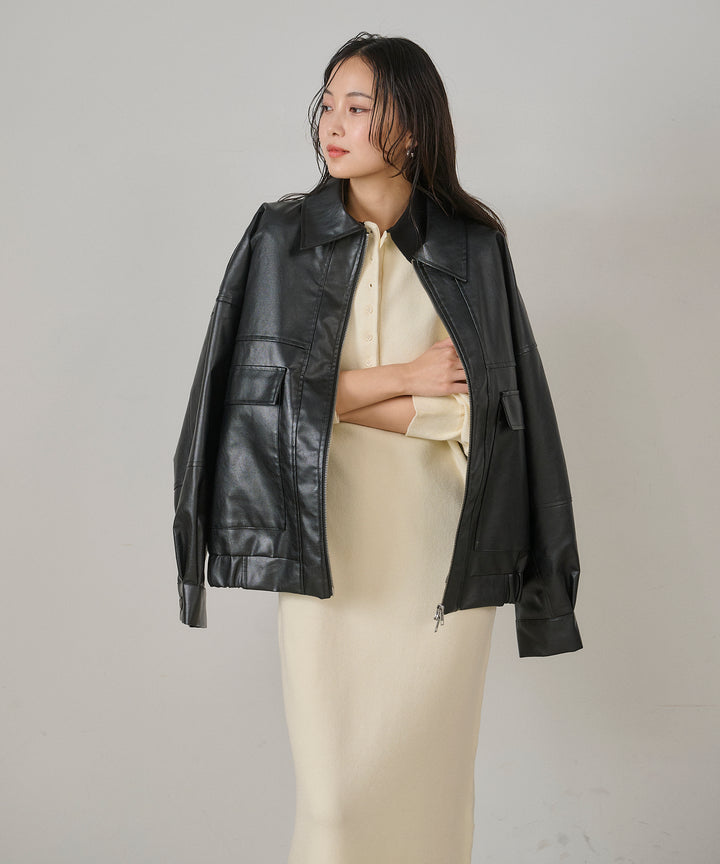 [SET]Fake Leather Wide BZ+Polo Knit Accent Onepiece