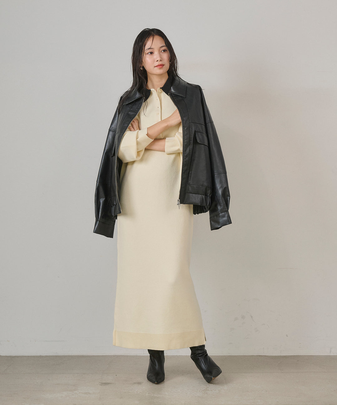 [SET]Fake Leather Wide BZ+Polo Knit Accent Onepiece