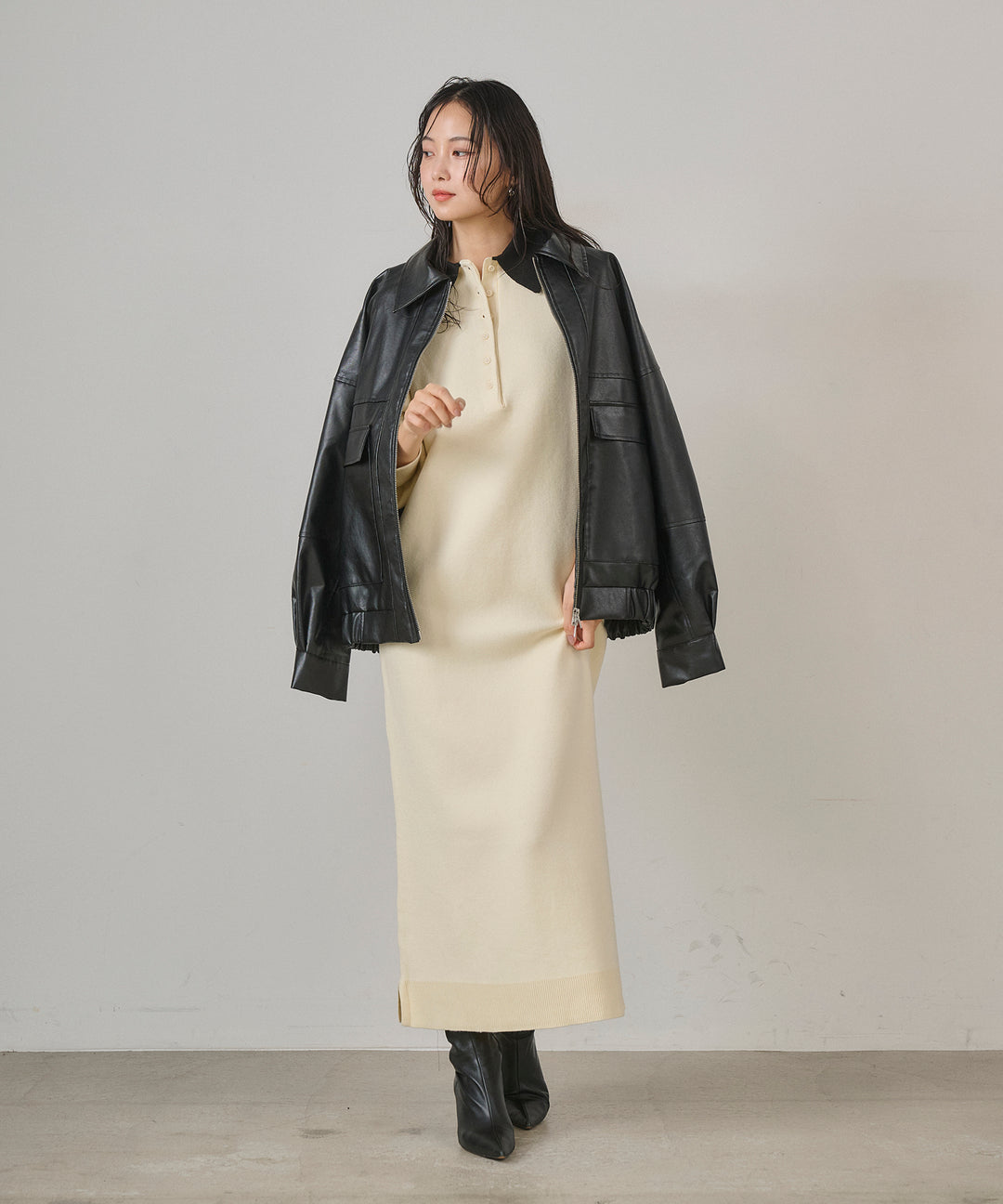 [SET]Fake Leather Wide BZ+Polo Knit Accent Onepiece