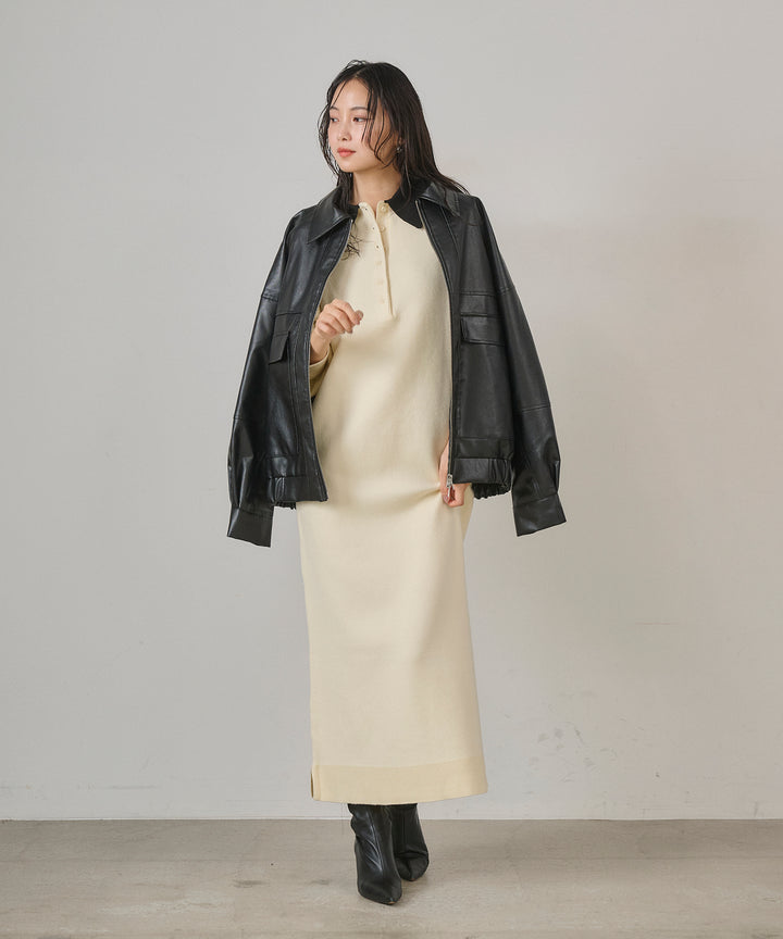 [SET]Fake Leather Wide BZ+Polo Knit Accent Onepiece