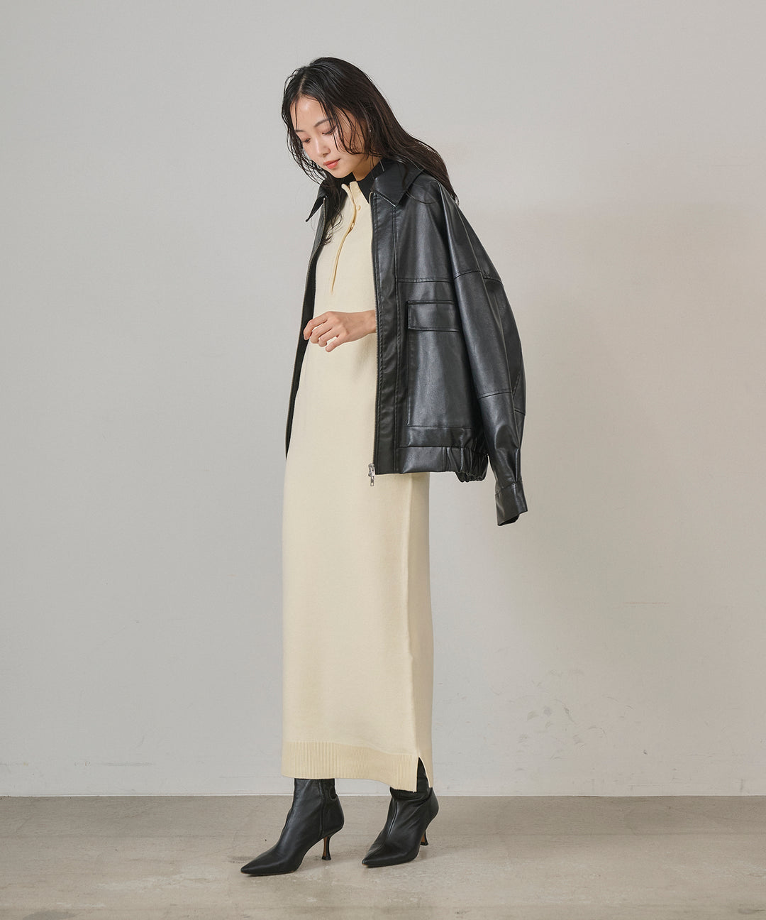 [SET]Fake Leather Wide BZ+Polo Knit Accent Onepiece