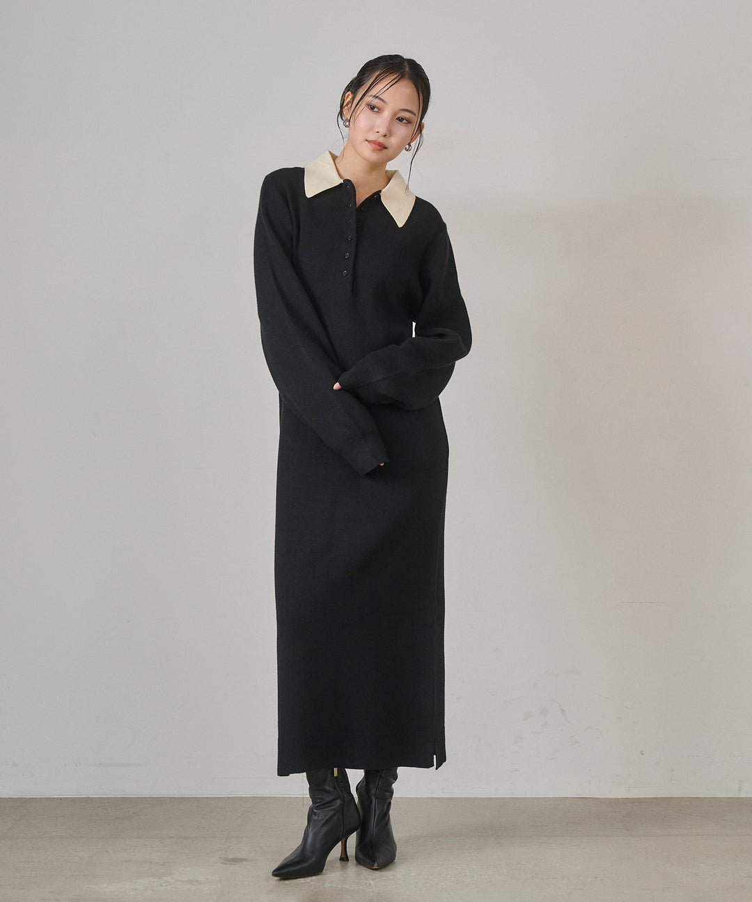 [SET]Fake Leather Wide BZ+Polo Knit Accent Onepiece