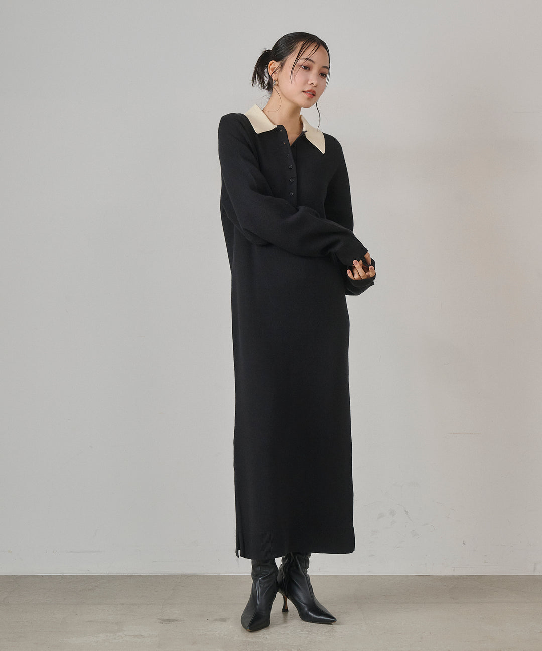 [SET]Fake Leather Wide BZ+Polo Knit Accent Onepiece