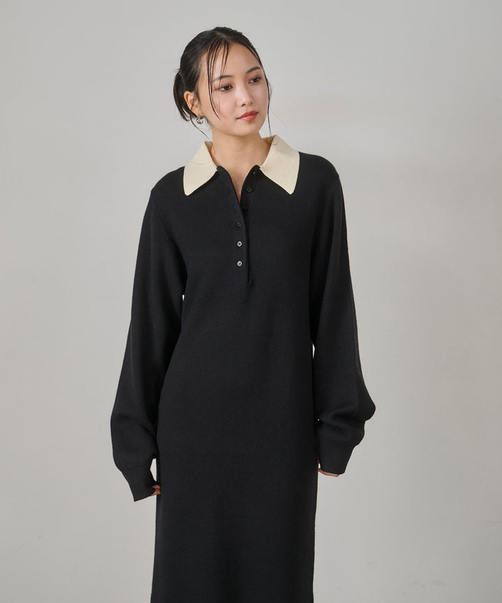 [SET]Fake Leather Wide BZ+Polo Knit Accent Onepiece