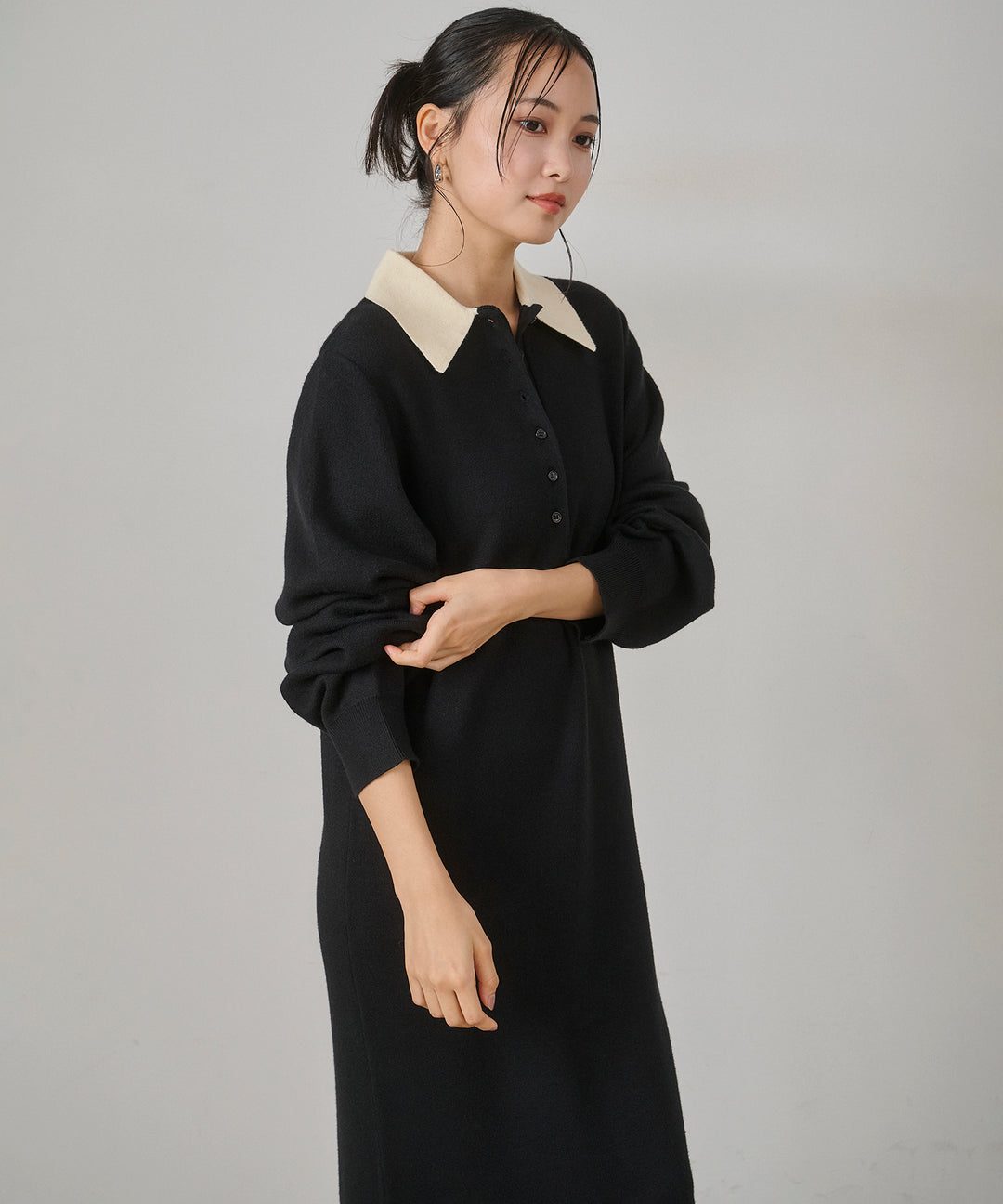 [SET]Fake Leather Wide BZ+Polo Knit Accent Onepiece