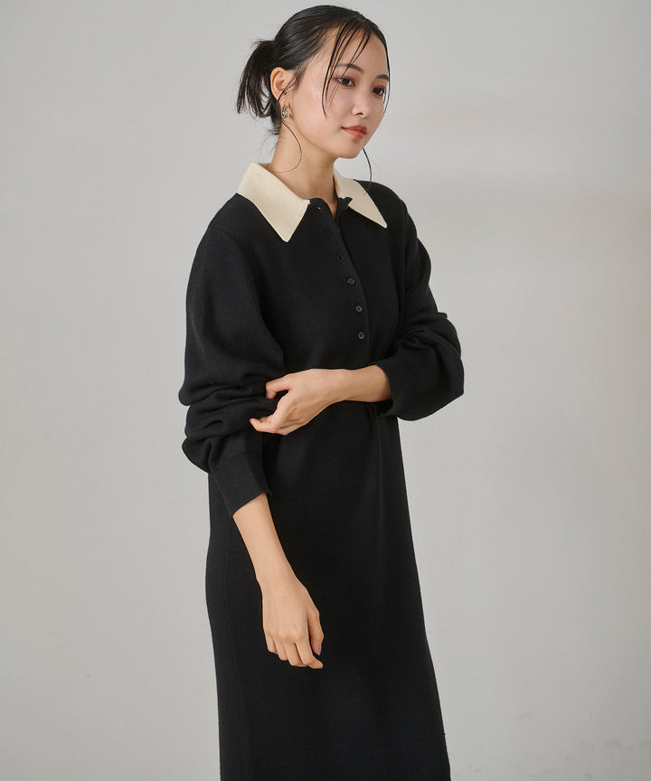 [SET]Fake Leather Wide BZ+Polo Knit Accent Onepiece