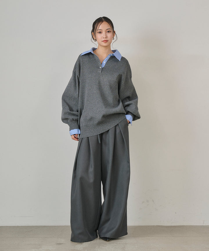 [SET]Texture Combi Polo Knit+Wrap Belt Wide Slacks