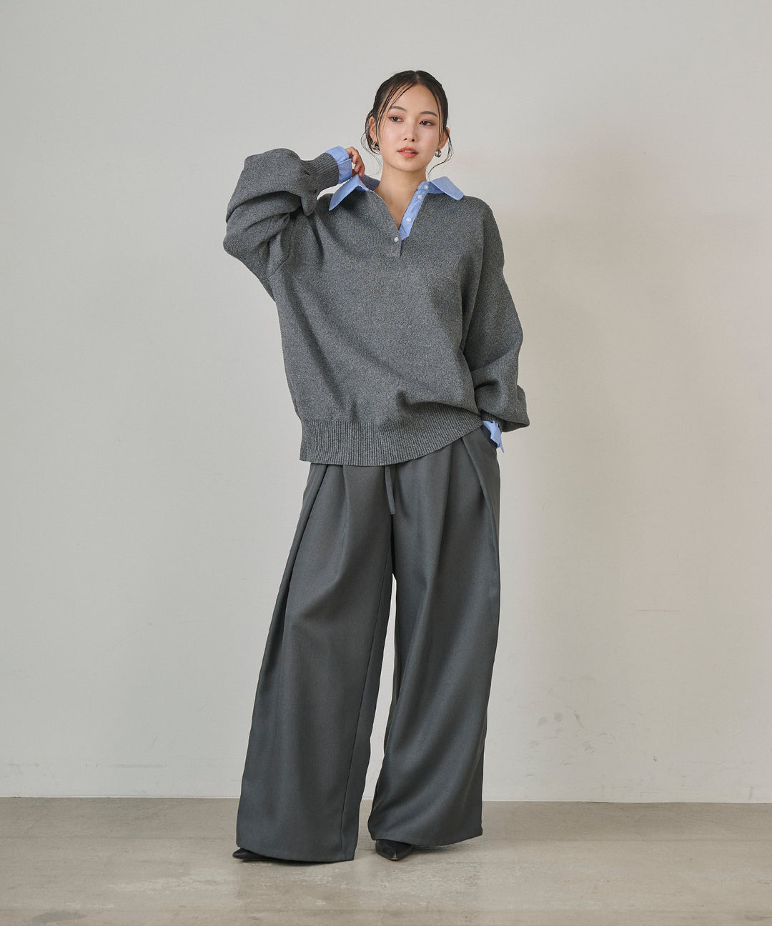 [SET]Texture Combi Polo Knit+Wrap Belt Wide Slacks