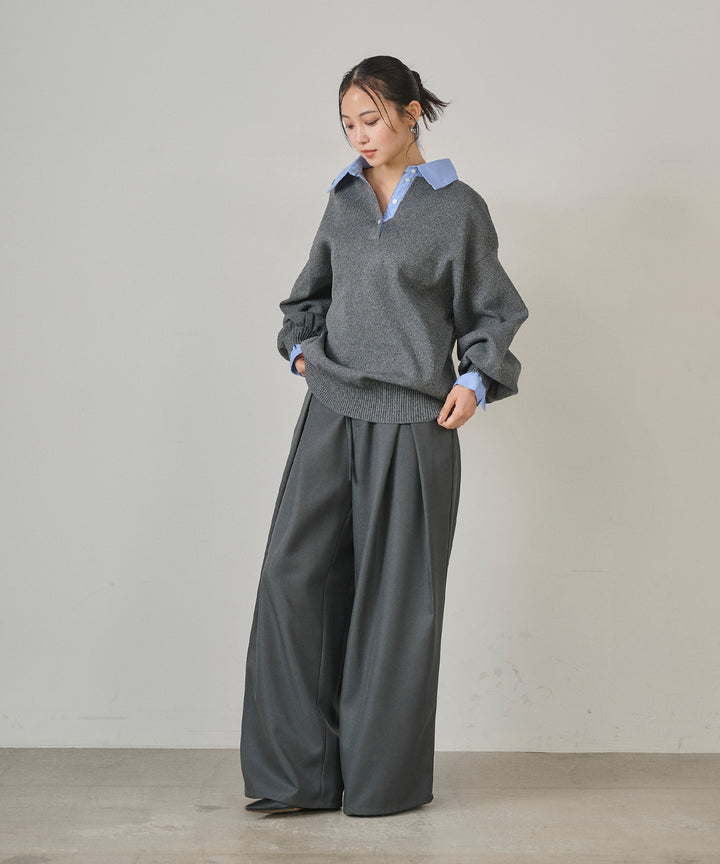 [SET]Texture Combi Polo Knit+Wrap Belt Wide Slacks