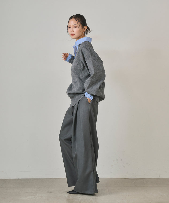 [SET]Texture Combi Polo Knit+Wrap Belt Wide Slacks
