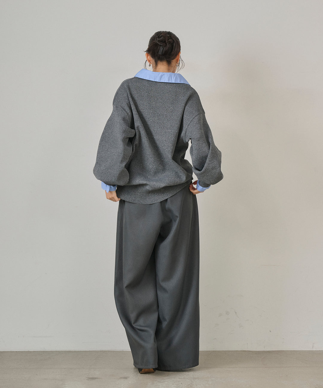 [SET]Texture Combi Polo Knit+Wrap Belt Wide Slacks