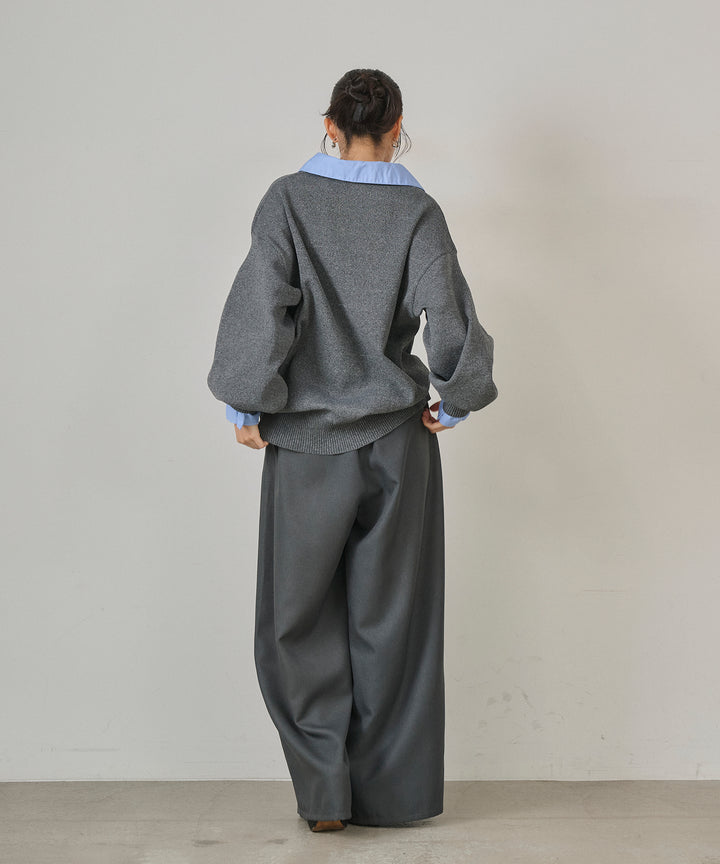 [SET]Texture Combi Polo Knit+Wrap Belt Wide Slacks