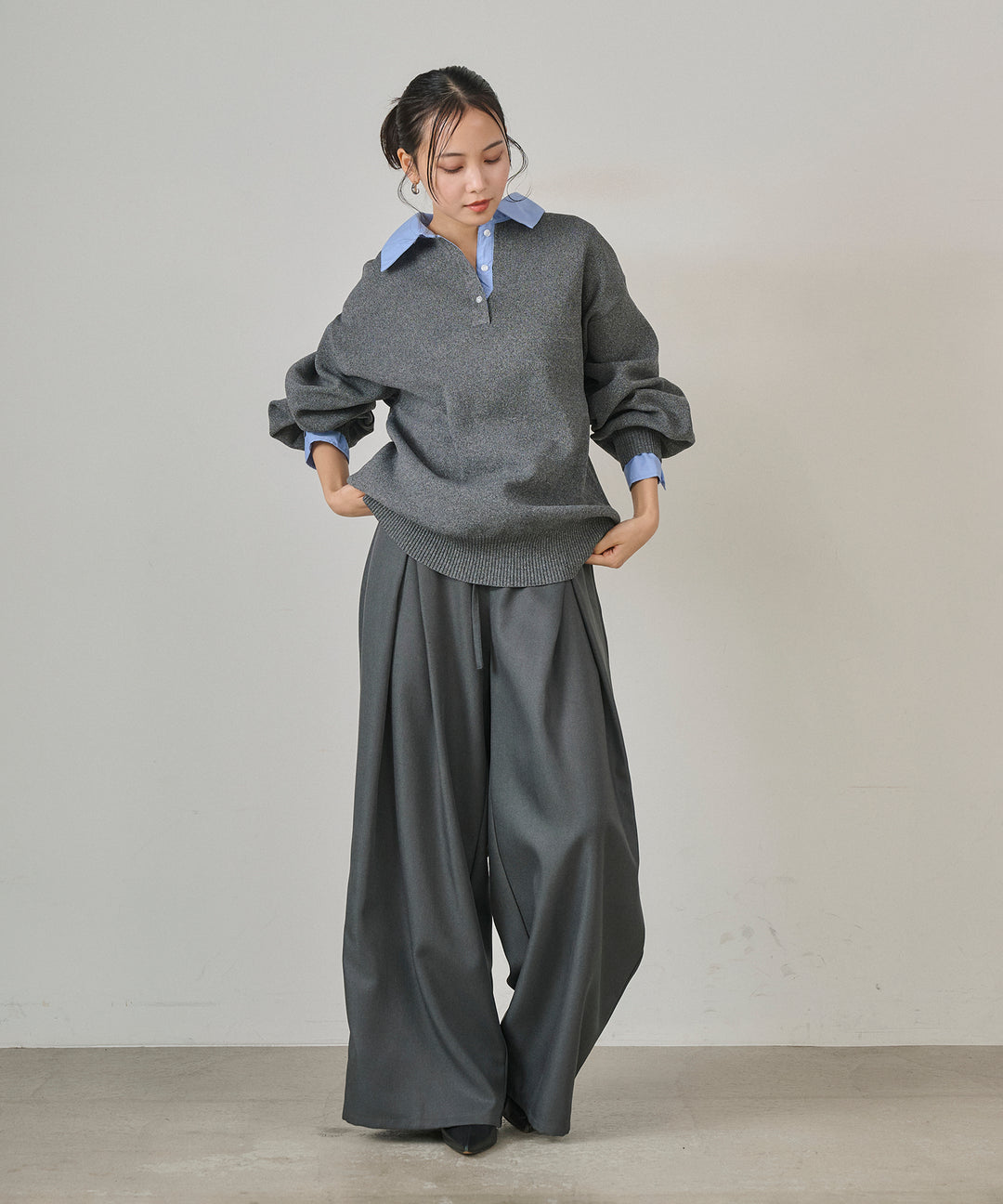[SET]Texture Combi Polo Knit+Wrap Belt Wide Slacks