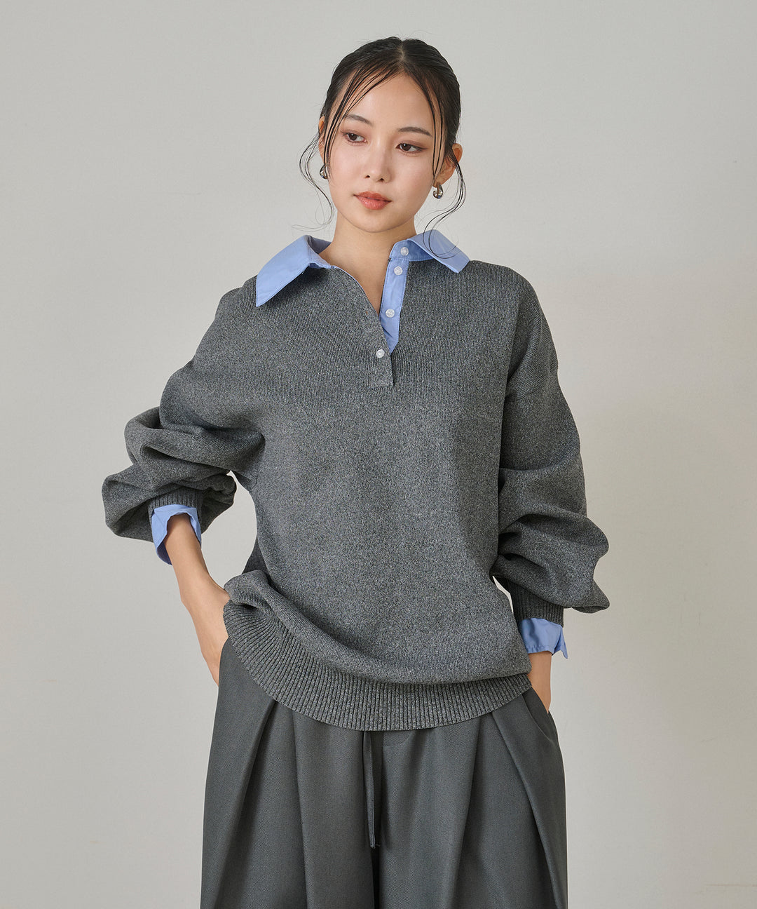 [SET]Texture Combi Polo Knit+Wrap Belt Wide Slacks
