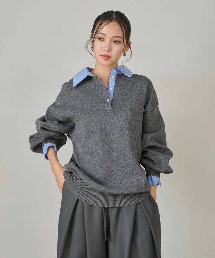 (eliuu)Texture Combi Polo Knit