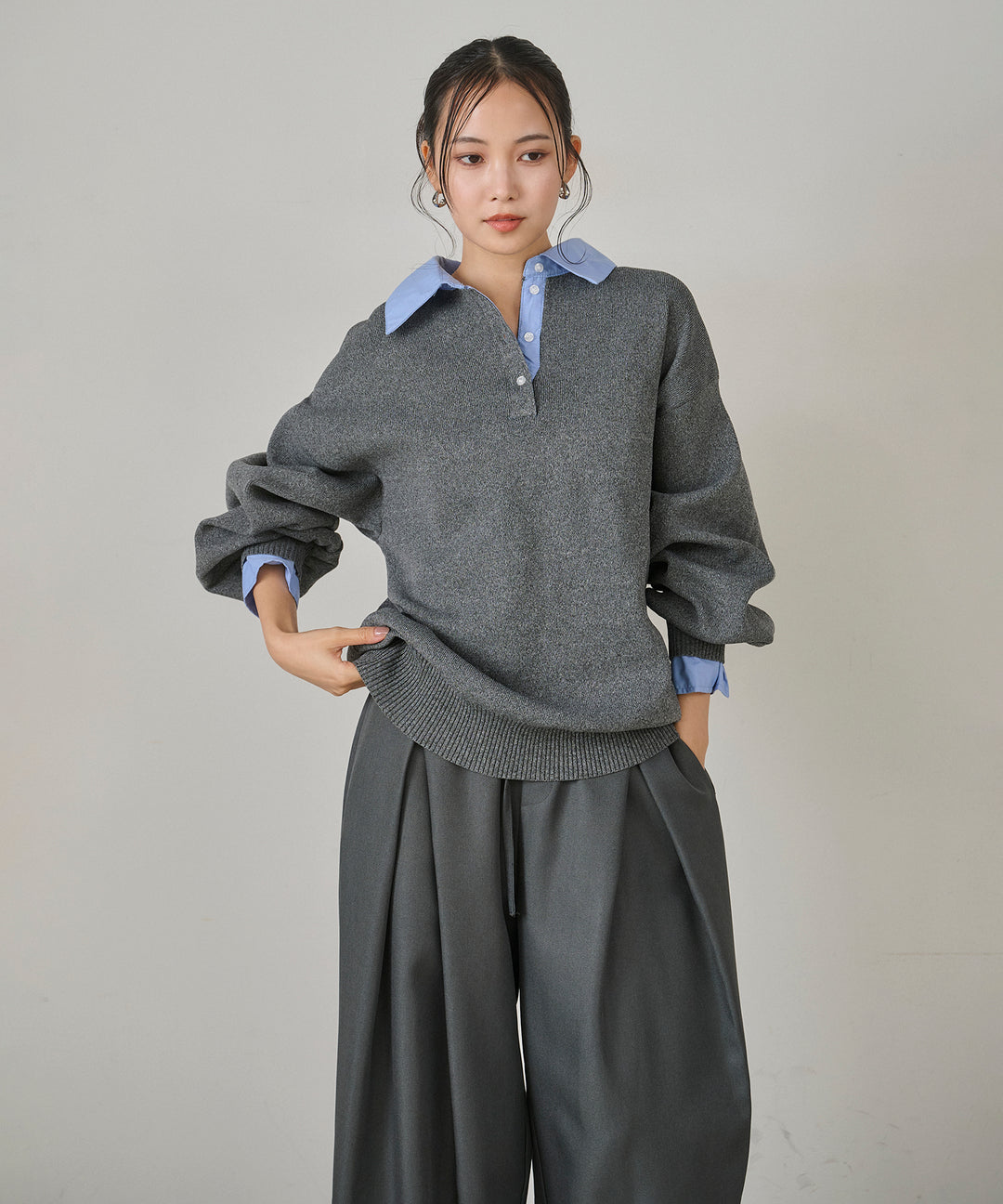 [SET]Texture Combi Polo Knit+Wrap Belt Wide Slacks