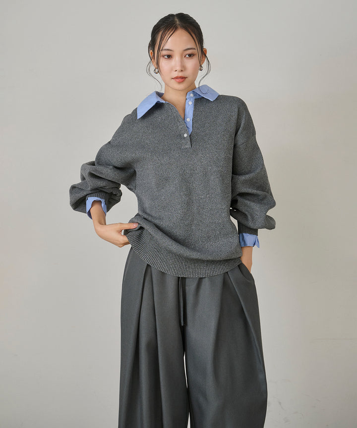 [SET]Texture Combi Polo Knit+Wrap Belt Wide Slacks