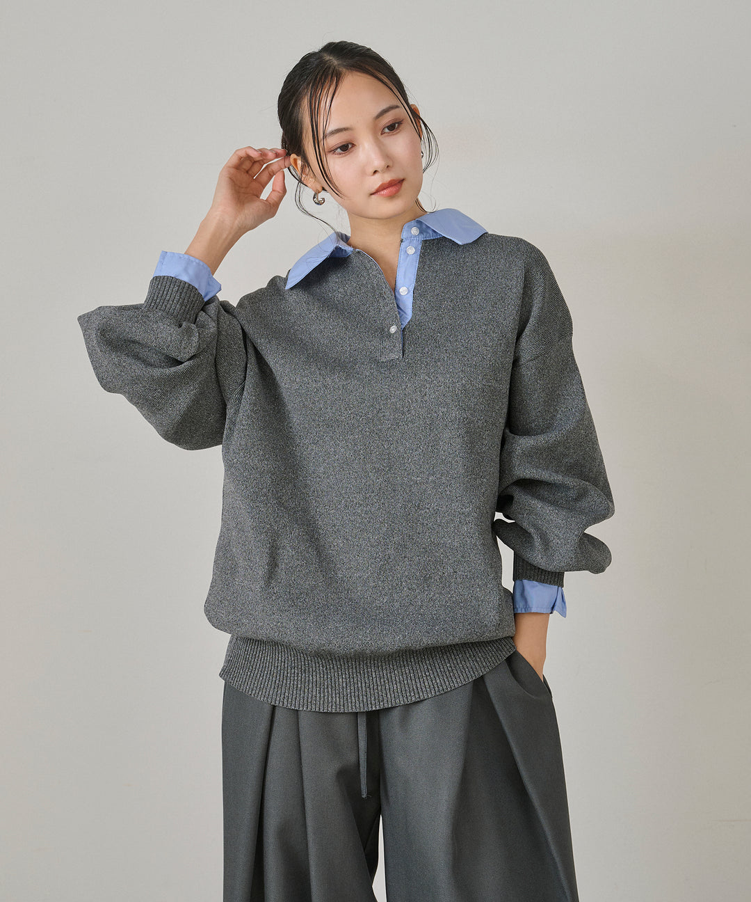 (eliuu)Texture Combi Polo Knit
