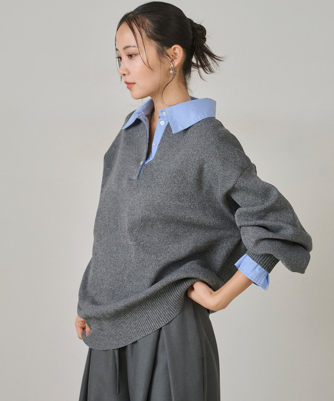 (eliuu)Texture Combi Polo Knit