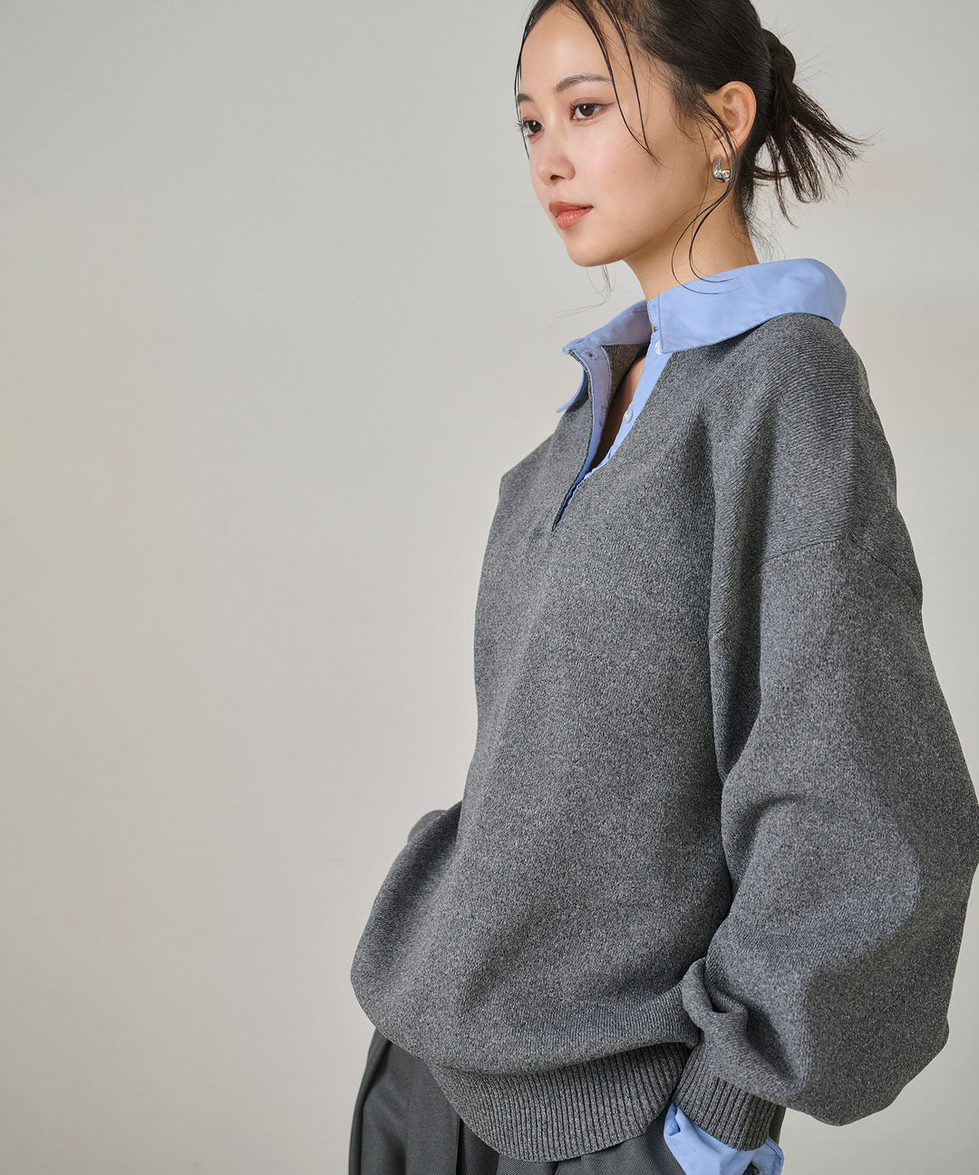 (eliuu)Texture Combi Polo Knit