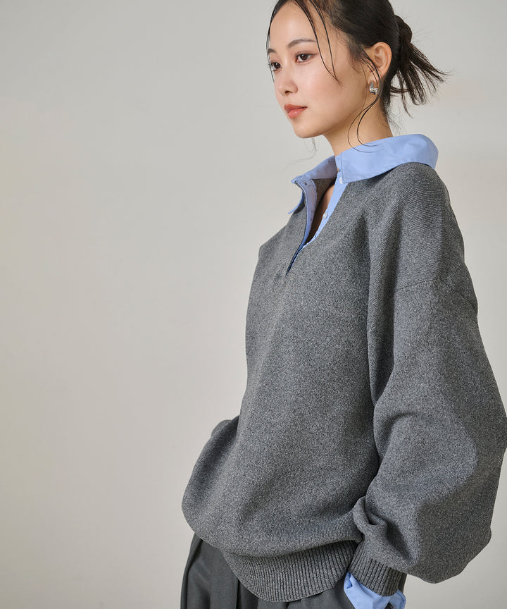 (eliuu)Texture Combi Polo Knit