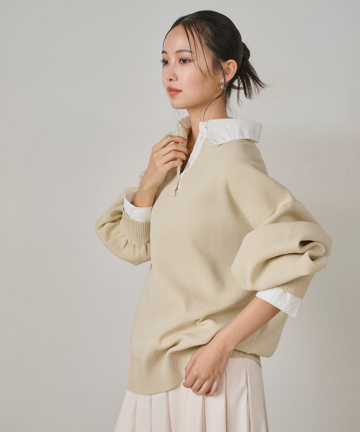 (eliuu)Texture Combi Polo Knit
