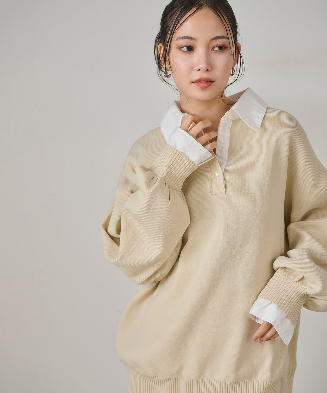 [SET]Texture Combi Polo Knit+Wrap Belt Wide Slacks