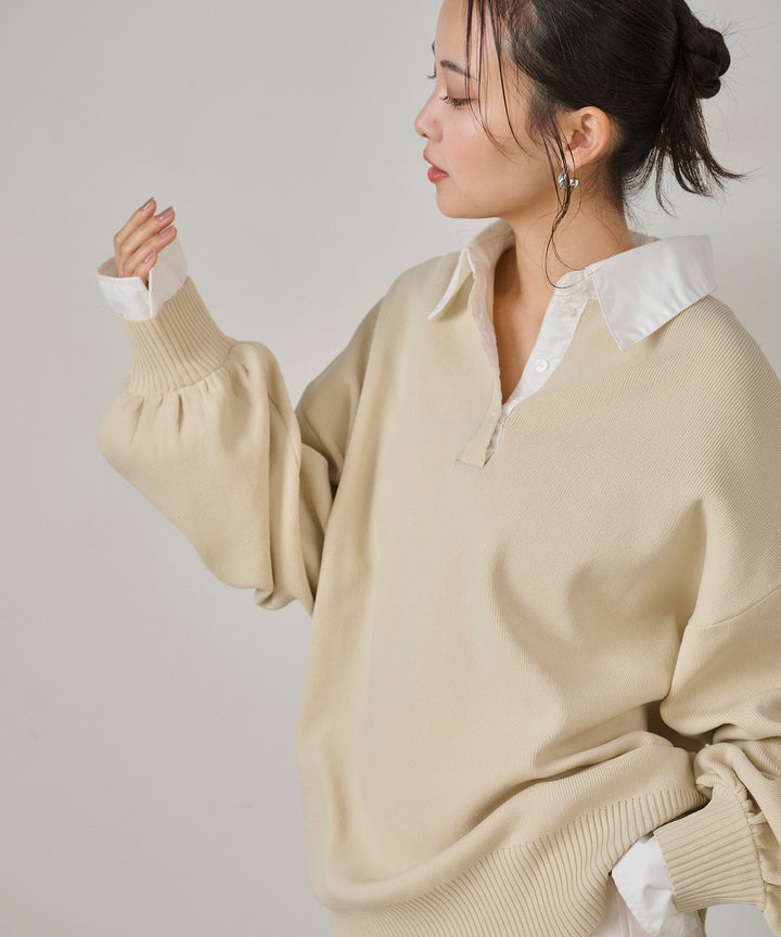 [SET]Texture Combi Polo Knit+Wrap Belt Wide Slacks