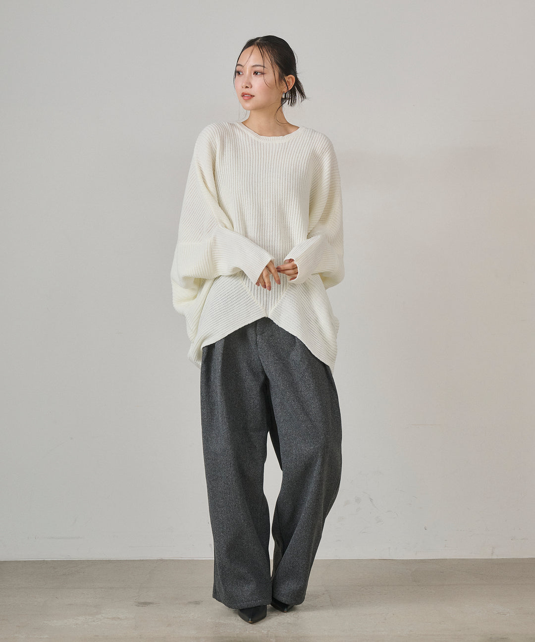 [SET]Drape Dolman Knit+Wool Like Solid Tuck Slacks
