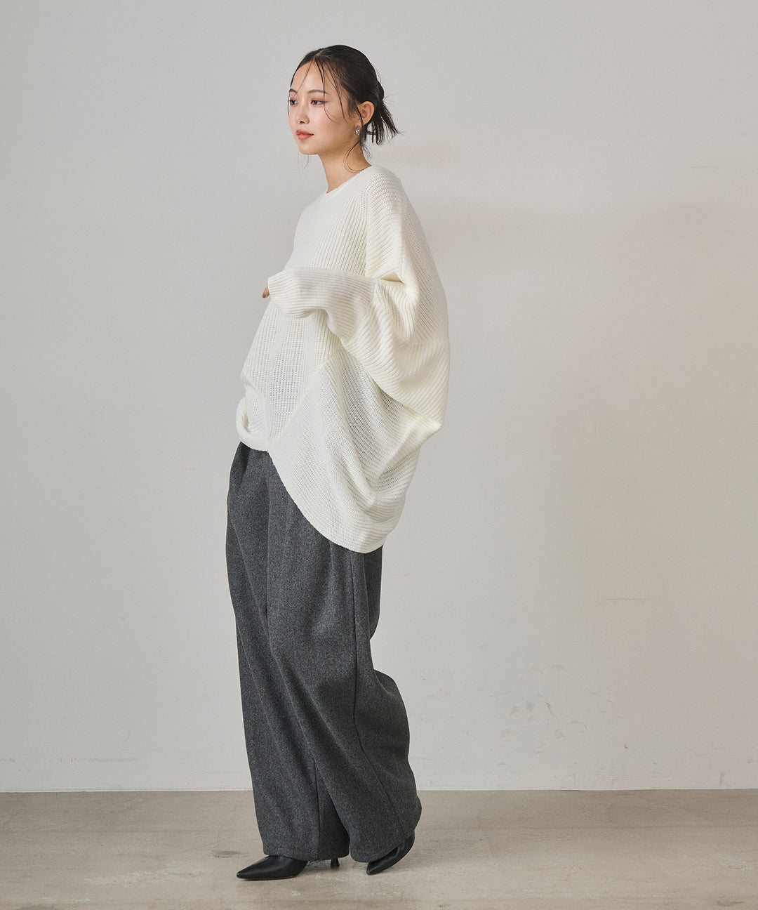 [SET]Drape Dolman Knit+Wool Like Solid Tuck Slacks