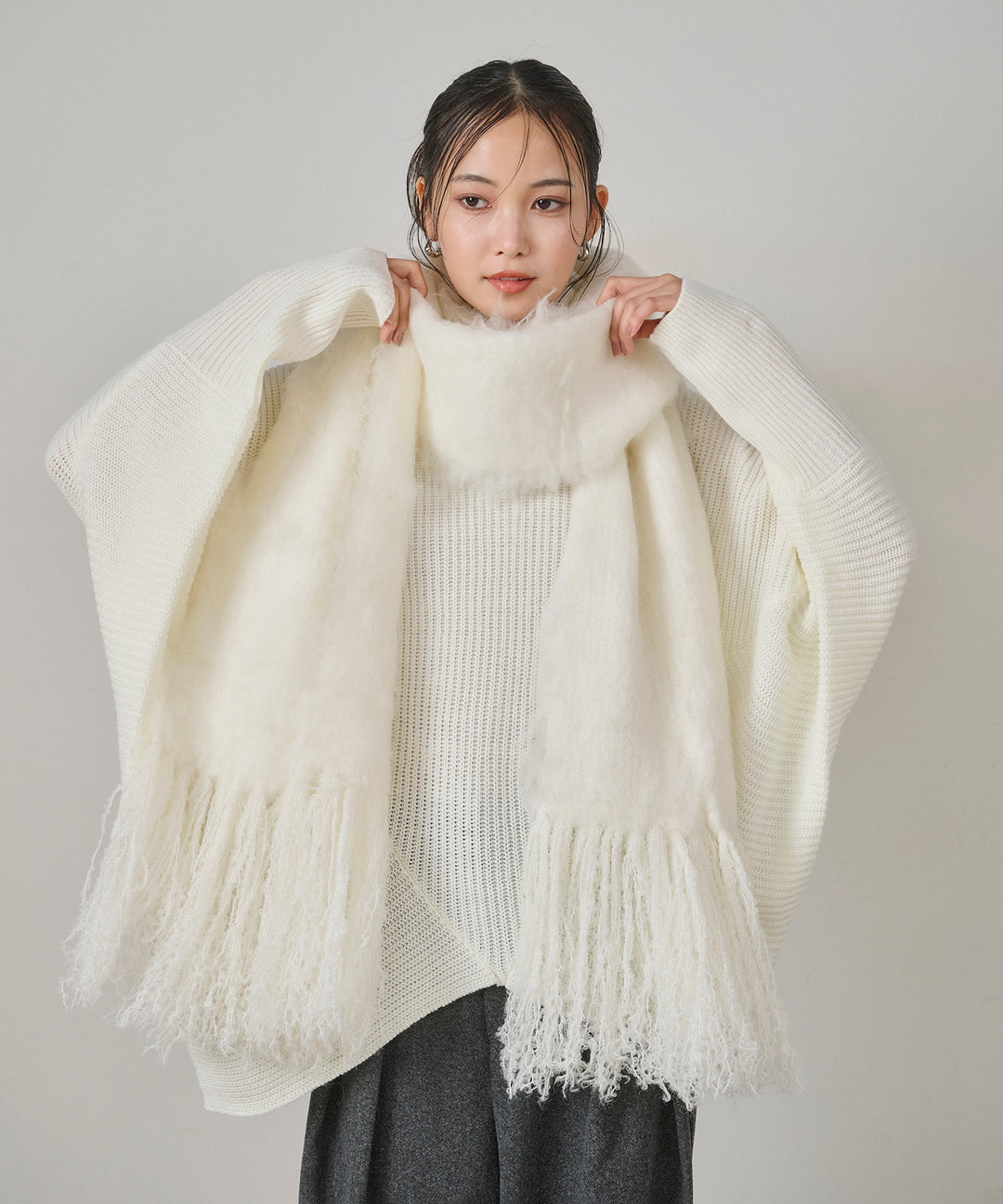 [SET]Drape Dolman Knit+Wool Like Solid Tuck Slacks