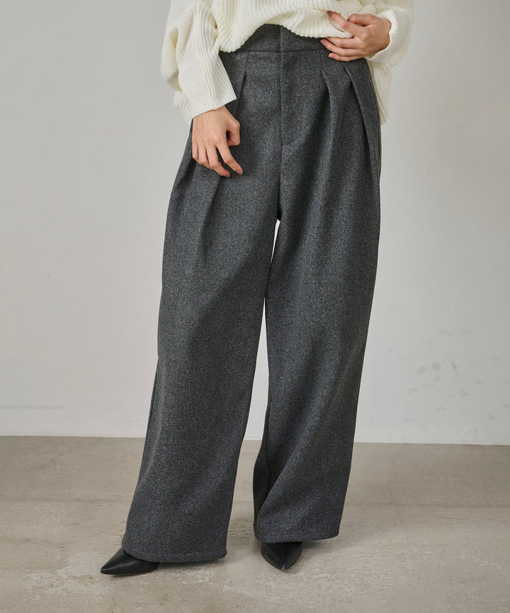 (eliuu)Wool Like Solid Tuck Slacks
