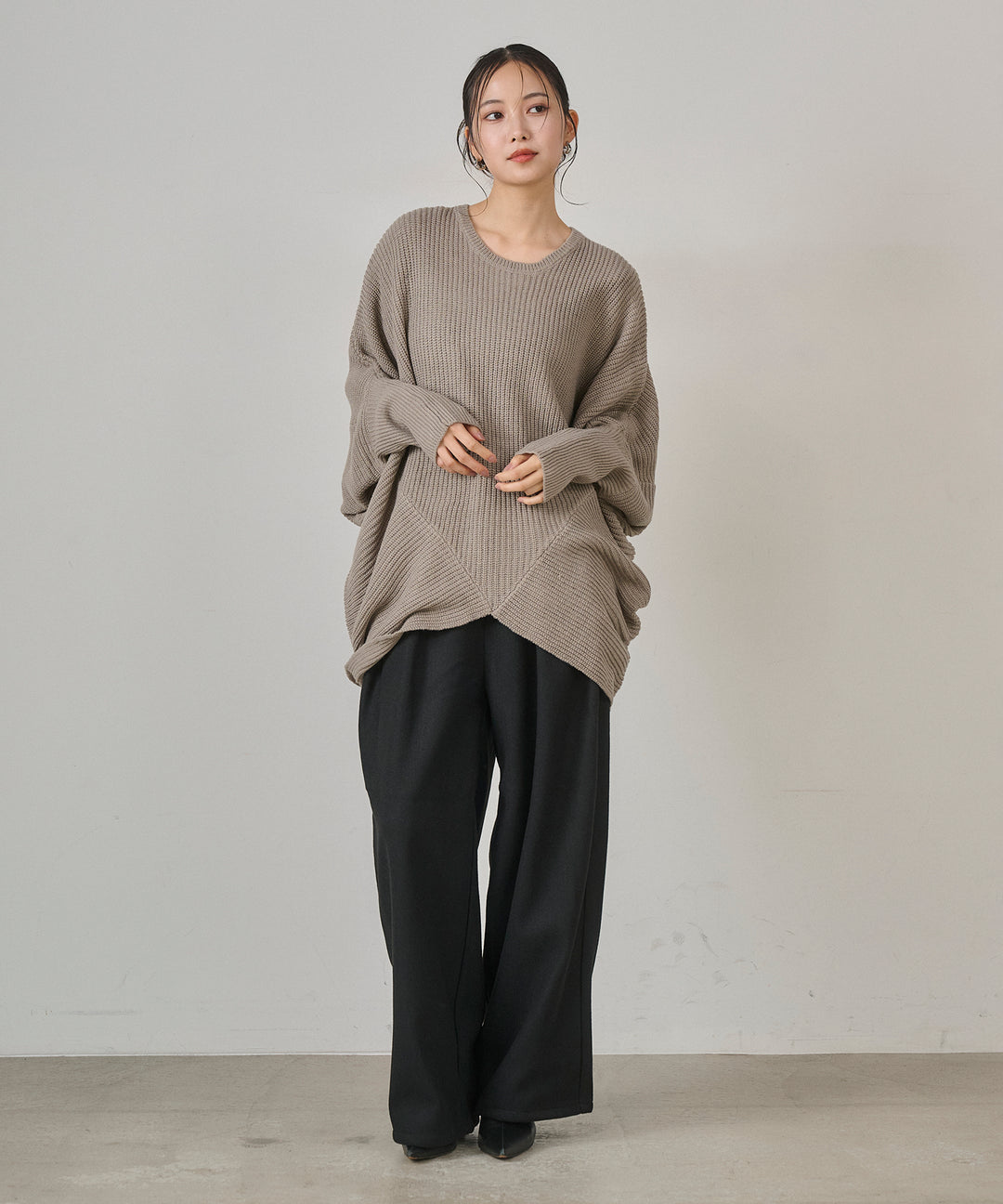 (eliuu)Wool Like Solid Tuck Slacks