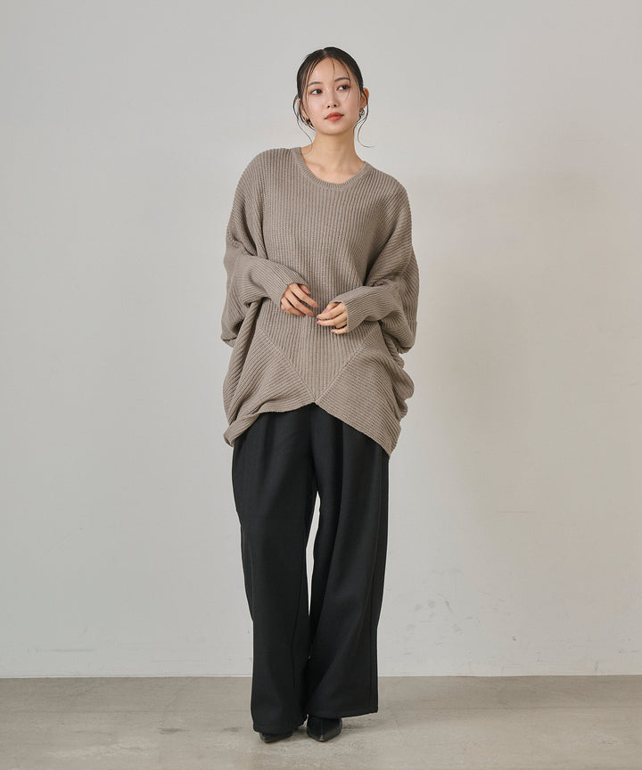 [SET]Drape Dolman Knit+Wool Like Solid Tuck Slacks