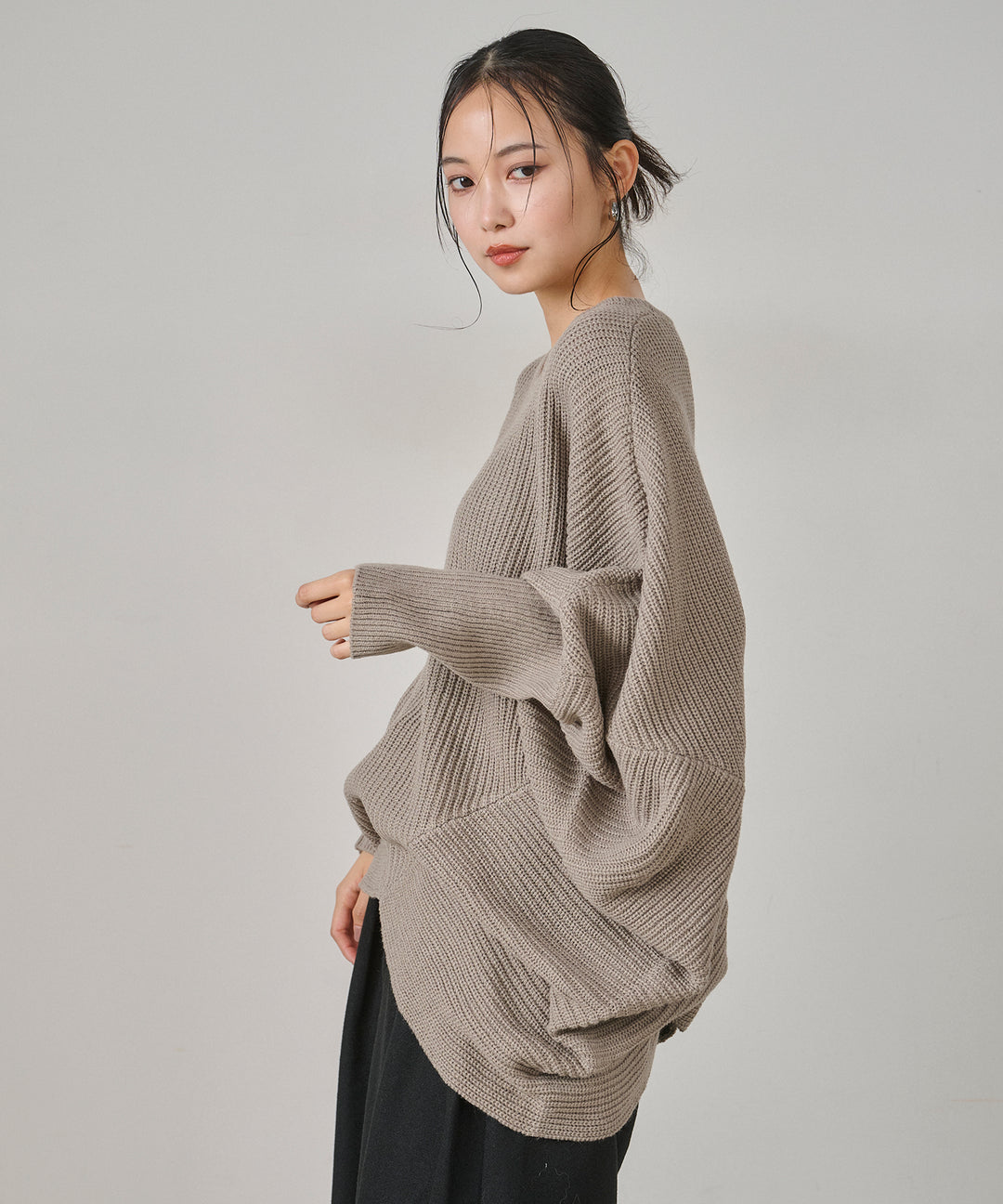 [SET]Drape Dolman Knit+Wool Like Solid Tuck Slacks