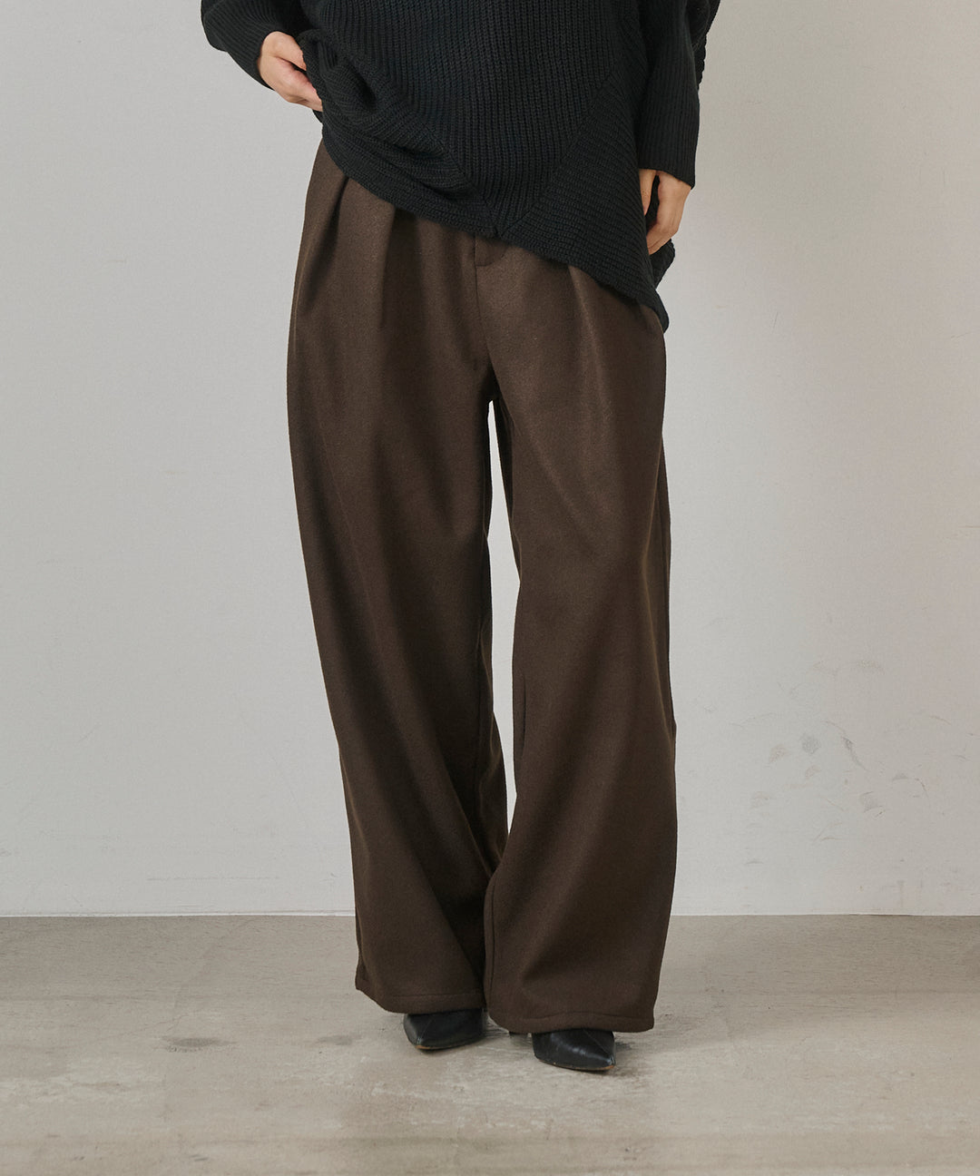 [SET]Drape Dolman Knit+Wool Like Solid Tuck Slacks